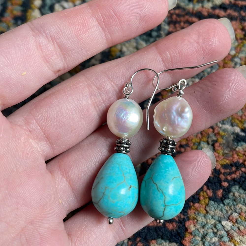 Freshwater pearl baroque teardrop stone sterling silver 925 earrings - Picture 10 of 16